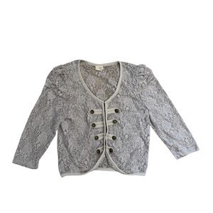 Cream Floral Lace Cropped Cardigan Military Button XL Indie Sleaze Boho grunge